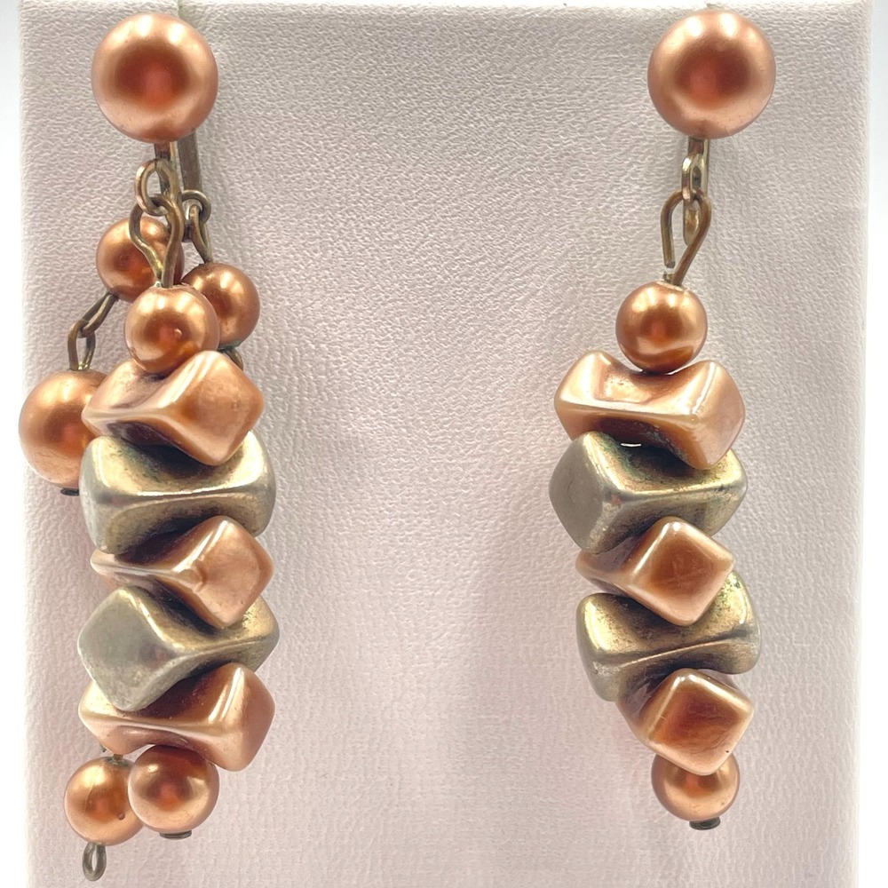 Vintage Mid-Century Bronze and Gold Tone Geometric Dangle Screw Back Earrings